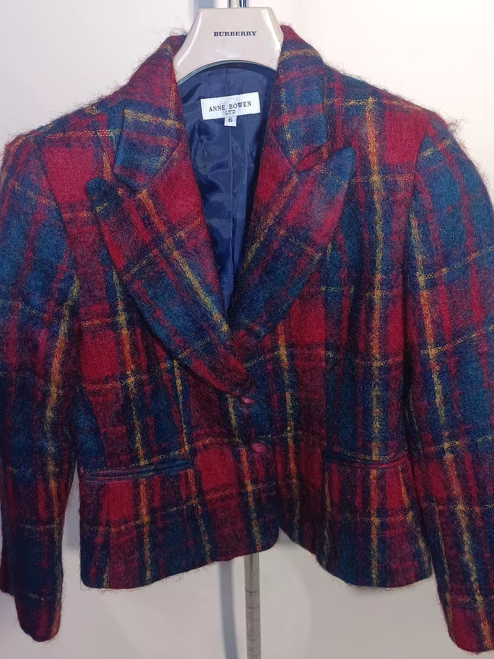 Anne Bowen Vintage Red & Navy Plaid Mohair Wool Blend Blazer